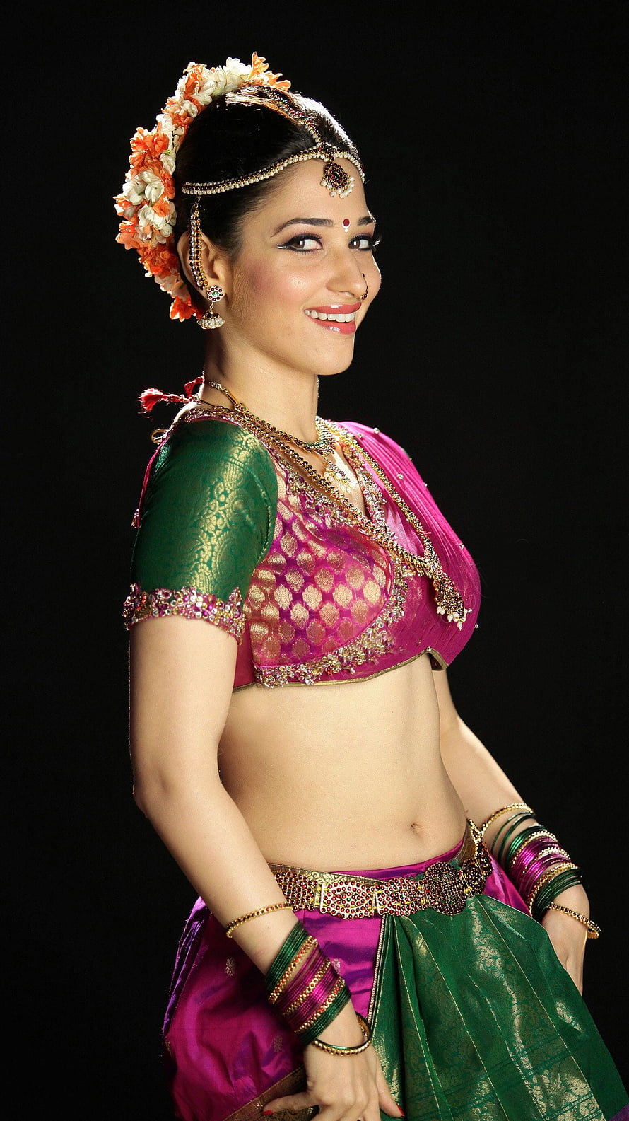 Tamanna Bhatia in Traditional Indian Dance Attire with Floral Headpiece and Jewelry HD phone wallpaper