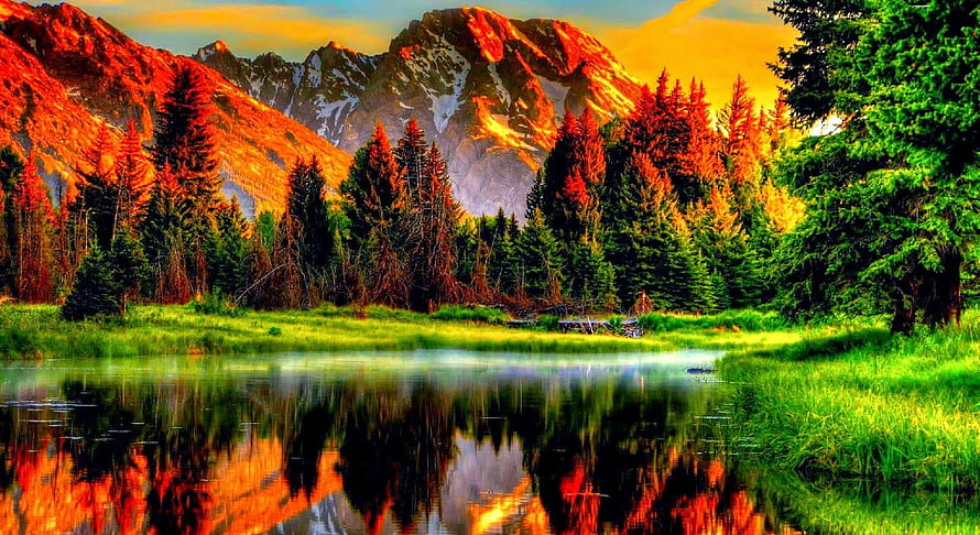 Vibrant Mountain Lake Reflection at Golden Hour with Pine Forest and Snow-Capped Peaks HD wallpaper
