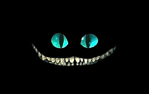 Cheshire Cat Grinning Face with Glowing Teal Eyes in Dark Void HD wallpaper