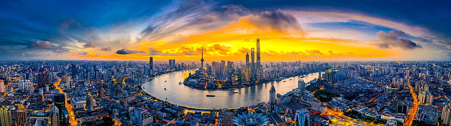 Shanghai Skyline Panorama at Sunset with Huangpu River and Lujiazui Financial District HD wallpaper