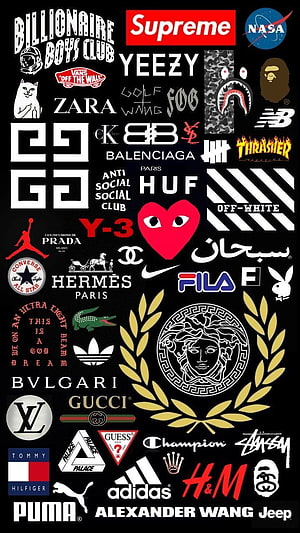 Collage of luxury fashion and streetwear brand logos on black background HD phone wallpaper