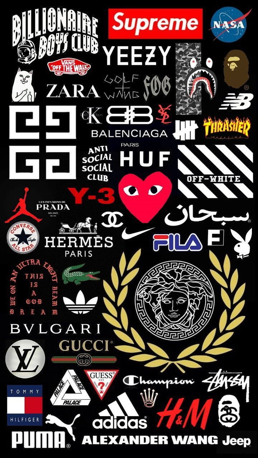 Collage of luxury fashion and streetwear brand logos on black background HD phone wallpaper