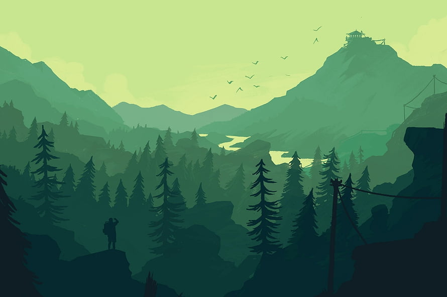Firewatch Minimalist Mountain Valley Landscape With Lone Hiker Silhouette HD wallpaper