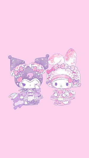 Cute Kuromi and My Melody in Pastel Lolita Dresses with Bows and Sprinkles HD phone wallpaper