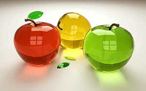 Glossy 3D Glass Apples in Red Yellow and Green with Reflective Surfaces HD wallpaper