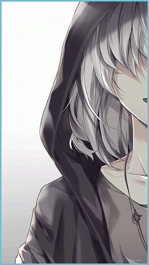 Silver-Haired Anime Boy in Dark Hoodie with Minimalist Illustration Style HD phone wallpaper