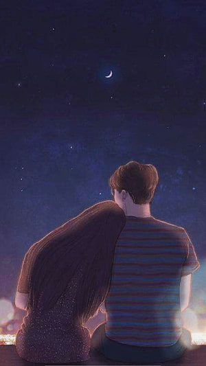 Couple Watching Crescent Moon and Stars at Night HD phone wallpaper