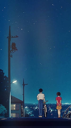 Two Anime Characters Gazing at Starry Night Sky Over City Lights HD phone wallpaper