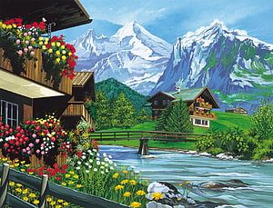 Alpine Village Landscape Painting With Snowy Peaks, Flowing River, And Colorful Flower Boxes HD wallpaper