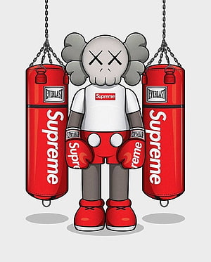 KAWS Companion in Supreme Boxing Gear Between Red Everlast Punching Bags HD phone wallpaper