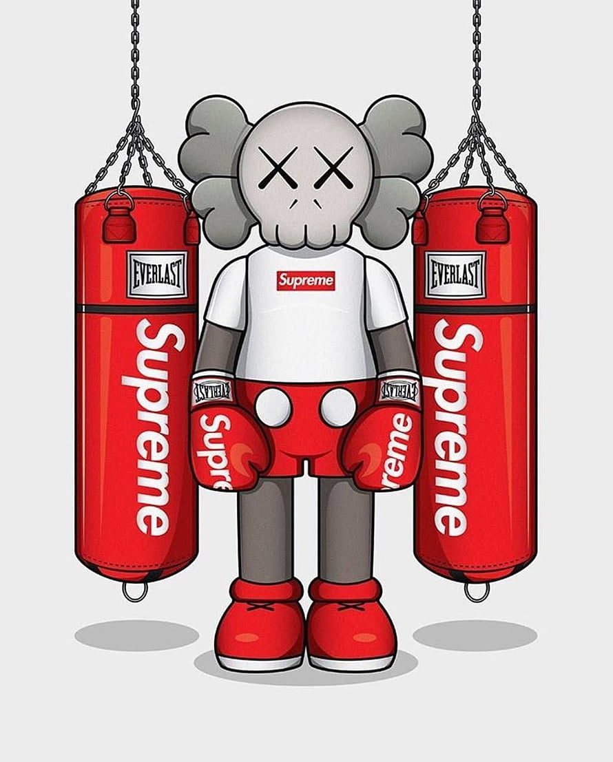 KAWS Companion in Supreme Boxing Gear Between Red Everlast Punching Bags HD phone wallpaper