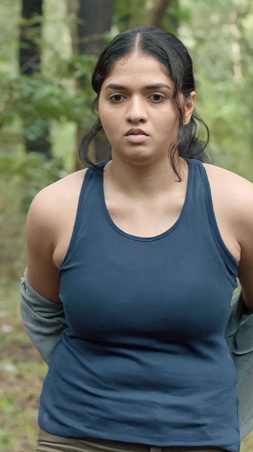 Sunaina Tamil Actress in Navy Tank Top with Forest Background HD phone wallpaper