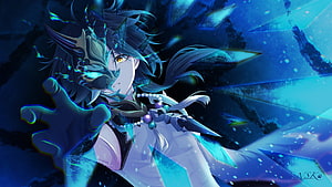 Xiao from Genshin Impact in a dramatic blue and cyan fantasy illustration with ice shards HD wallpaper