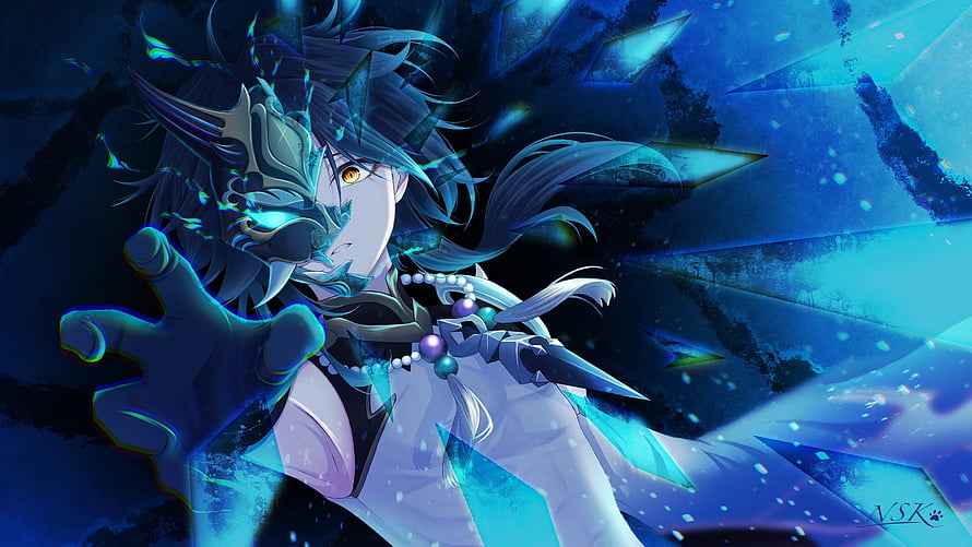 Xiao from Genshin Impact in a dramatic blue and cyan fantasy illustration with ice shards HD wallpaper