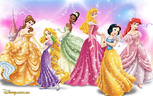 Disney Princess Group Illustration Featuring Belle, Rapunzel, Tiana, Aurora, Snow White, and Ariel in Elegant Gowns HD wallpaper