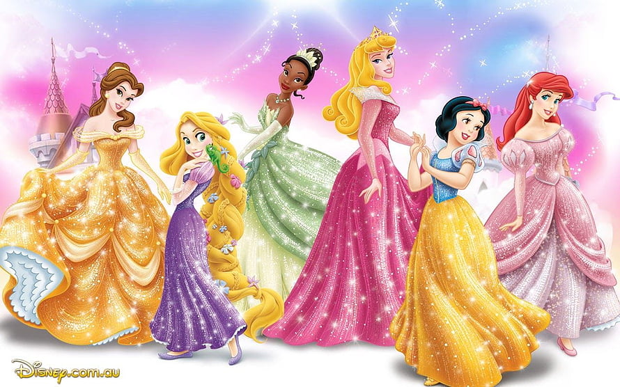 Disney Princess Group Illustration Featuring Belle, Rapunzel, Tiana, Aurora, Snow White, and Ariel in Elegant Gowns HD wallpaper