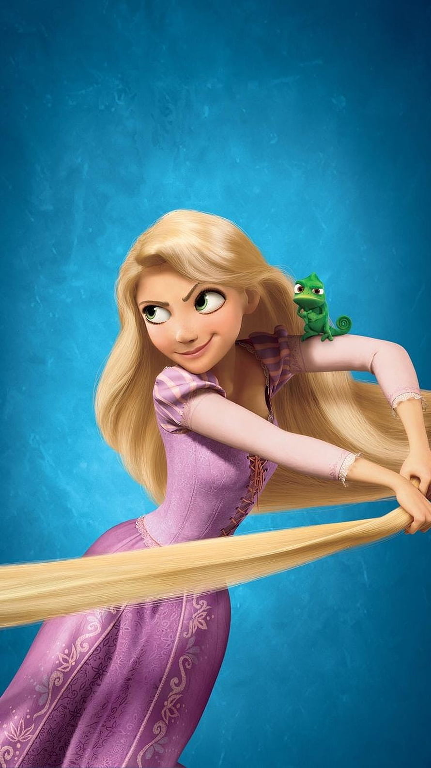 Rapunzel and Pascal from Tangled holding long blonde hair against blue background HD phone wallpaper