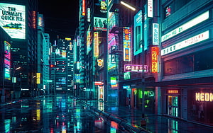Neon-lit Cyberpunk City Street at Night with Rain Reflections and Glowing Signs HD wallpaper