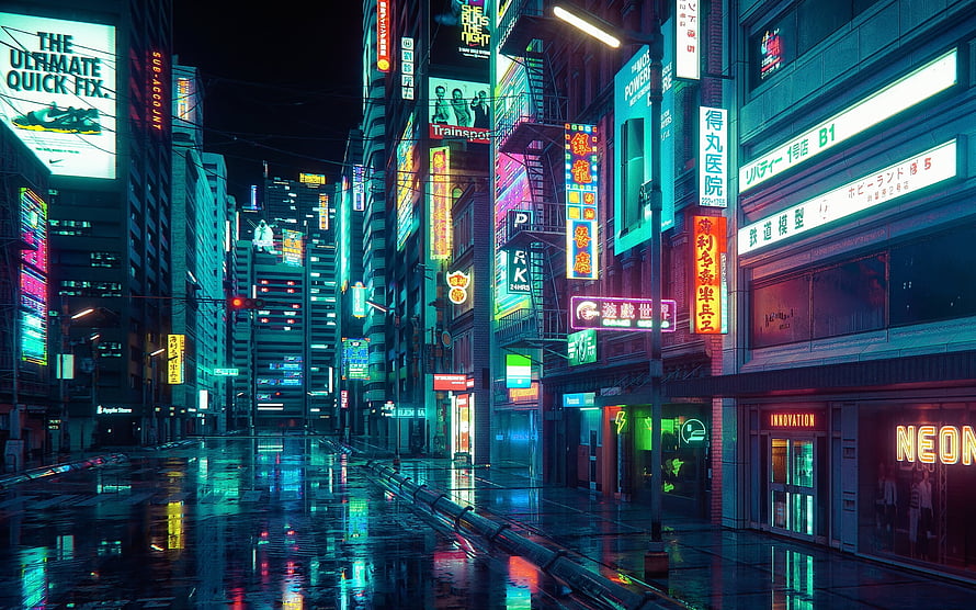 Neon-lit Cyberpunk City Street at Night with Rain Reflections and Glowing Signs HD wallpaper