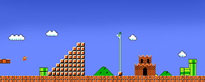 Classic Super Mario Bros Level 1-1 Pixel Art Scene with Castle and Flagpole HD wallpaper