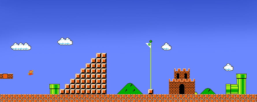 Classic Super Mario Bros Level 1-1 Pixel Art Scene with Castle and Flagpole HD wallpaper