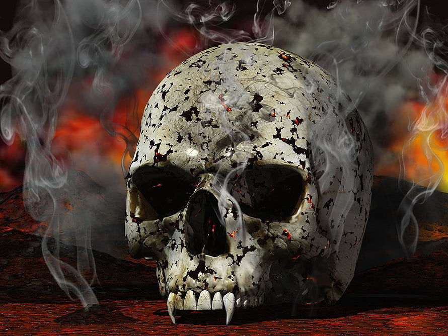 Smoldering 3D Skull with Smoke and Embers on Dark Surface HD wallpaper