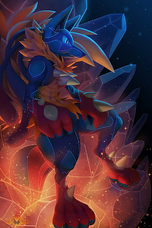 Mega Lucario Digital Artwork with Crystal Background and Fiery Glow HD phone wallpaper