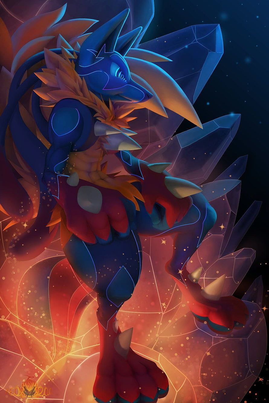 Mega Lucario Digital Artwork with Crystal Background and Fiery Glow HD phone wallpaper