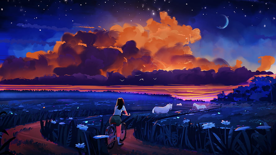 Girl Riding Bicycle Past White Horses Under Dramatic Sunset Sky HD wallpaper