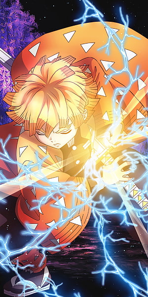 Zenitsu Agatsuma wielding Thunderclap and Flash technique with lightning effects HD phone wallpaper