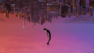 Spider-Man Freefalling Through a Pink Sky Beneath an Inverted City Skyline, Spiderman, upside-down dive, fan art, 2021 HD wallpaper
