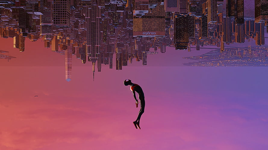 Spider-Man Freefalling Through a Pink Sky Beneath an Inverted City Skyline, Spiderman, upside-down dive, fan art, 2021 HD wallpaper