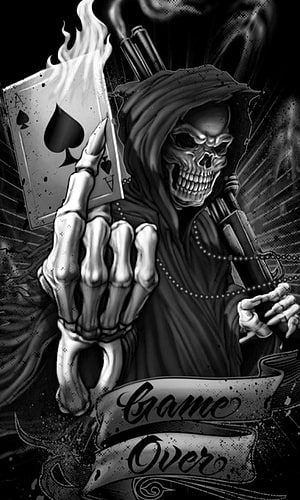 Grim Reaper Skeleton Holding Burning Ace of Spades and Shotgun Game Over HD phone wallpaper