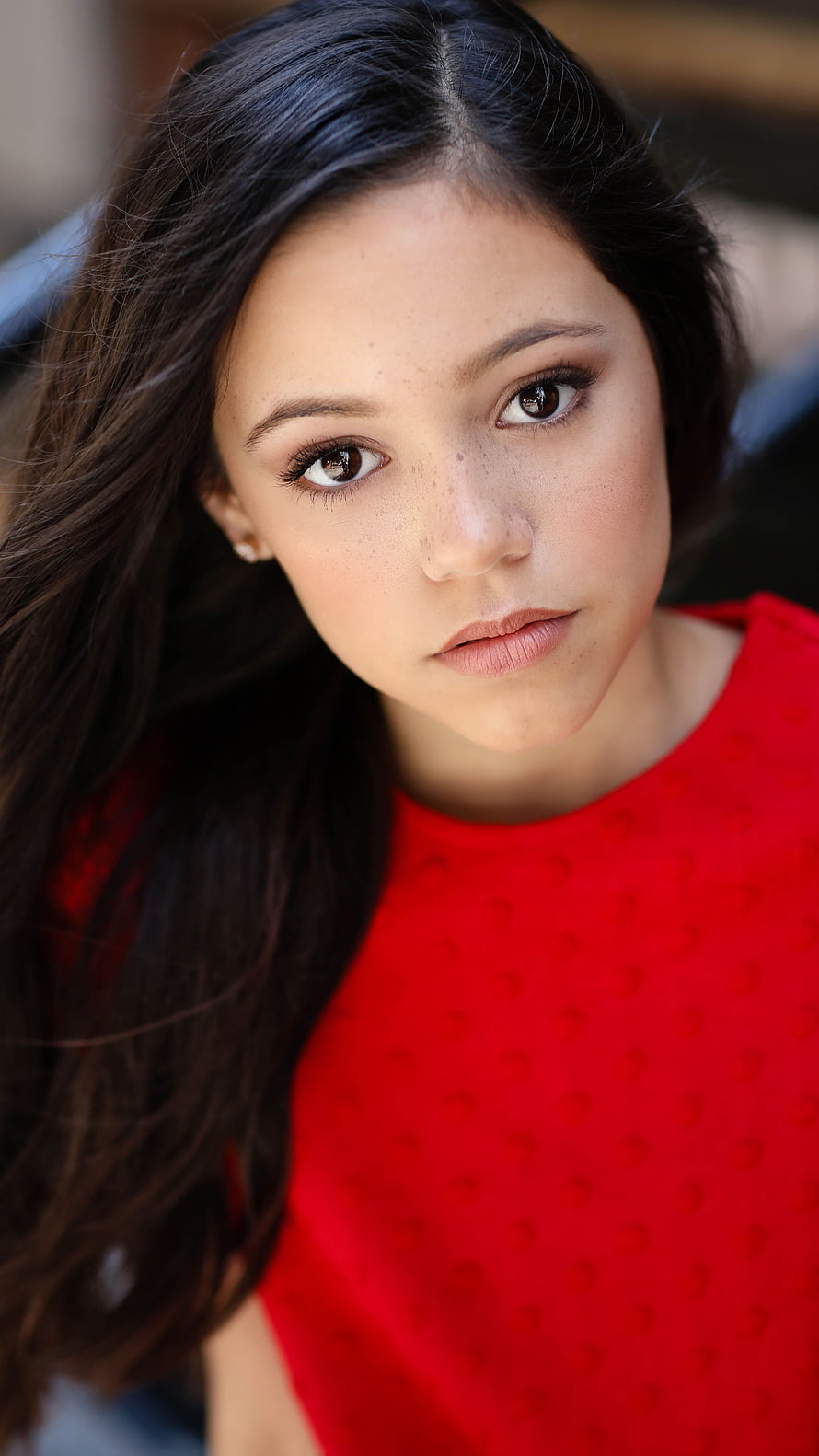 Portrait of Young Woman with Dark Hair and Red Top, Jenna Ortega, hollywood actress, model HD phone wallpaper