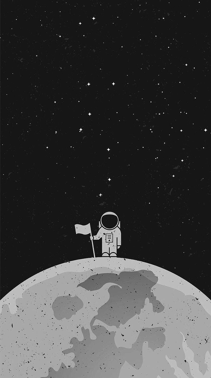 Minimalist Black and White Astronaut Standing on the Moon with Flag Under Starry Sky HD phone wallpaper