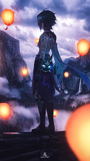 Anime character with glowing mask standing on cliff overlooking misty mountains and floating lanterns HD phone wallpaper