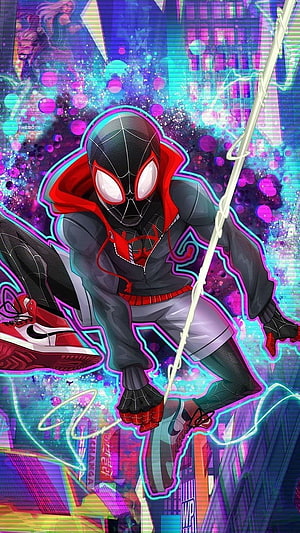 Miles Morales Spider-Man in Black Suit with Red Hoodie Swinging Through Neon City, Miles Morales, Miles, Spider Man, miles morales to HD phone wallpaper
