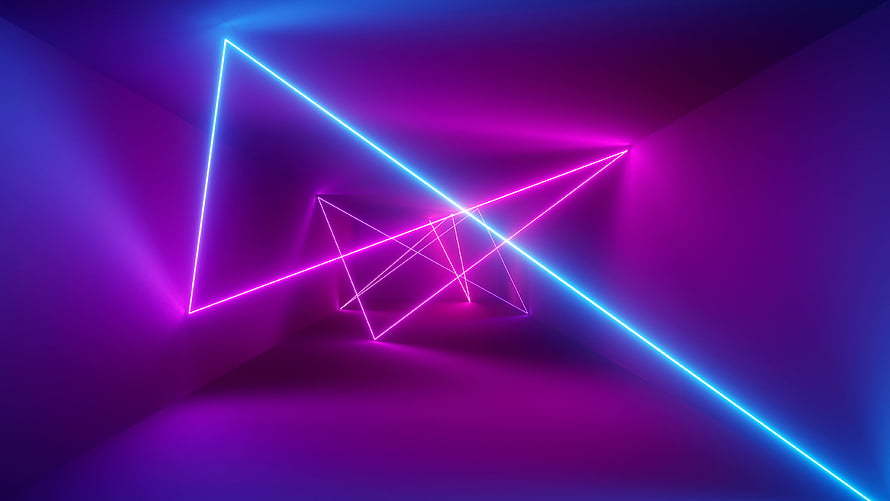 Abstract Neon Geometric Tunnel With Glowing Triangles And Purple Hues HD wallpaper