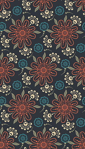 Retro Floral Pattern with Orange and Teal Blooms on Dark Background HD phone wallpaper