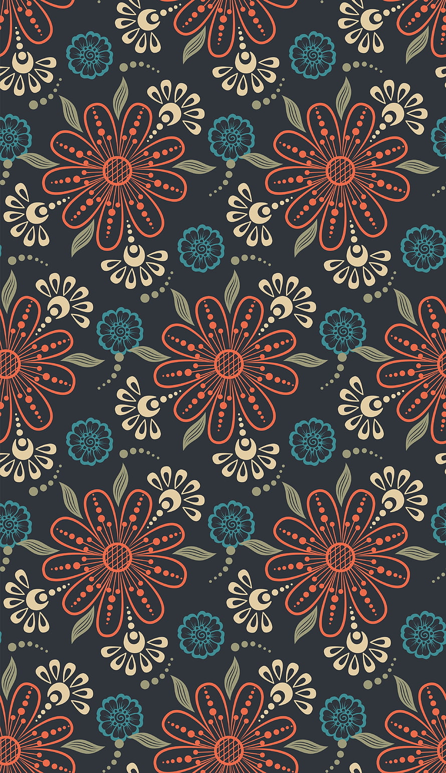 Retro Floral Pattern with Orange and Teal Blooms on Dark Background HD phone wallpaper