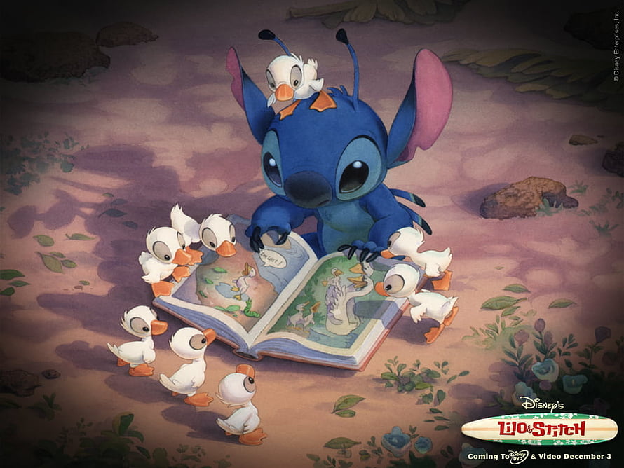 Stitch Reading a Storybook to a Group of Adorable Ducklings in Lilo & Stitch HD wallpaper