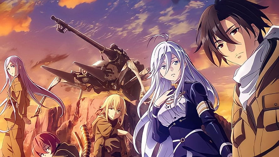86 Eighty-Six Anime Key Visual Featuring Characters and Mecha Against a Dramatic Sunset Sky HD wallpaper