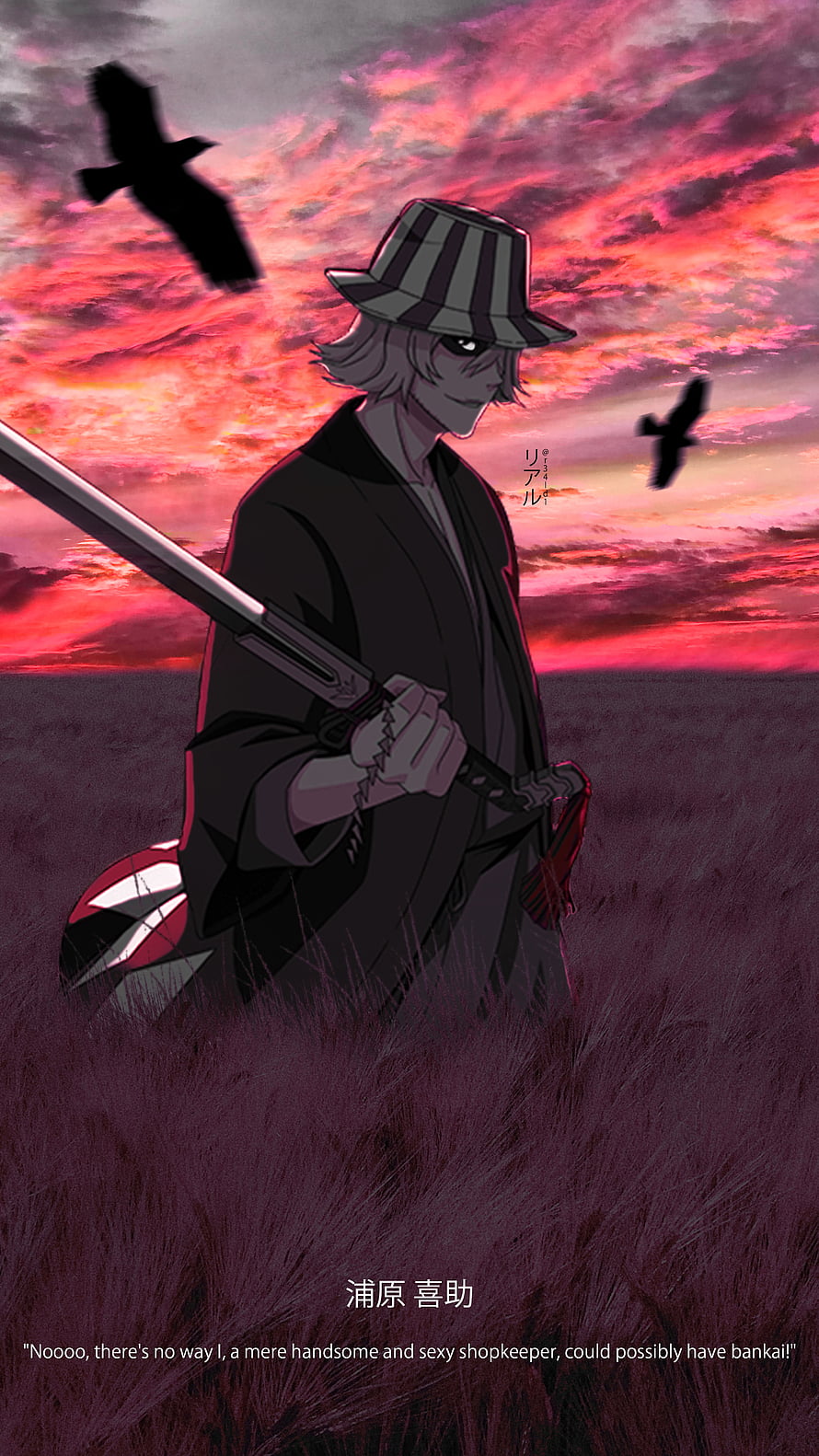 Kisuke Urahara Bleach Anime Character With Zanpakuto Under Sunset Sky HD phone wallpaper