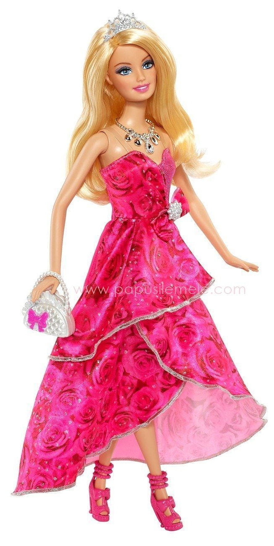 Barbie Doll in Elegant Pink Rose Gown with Tiara and Pearl Handbag HD phone wallpaper