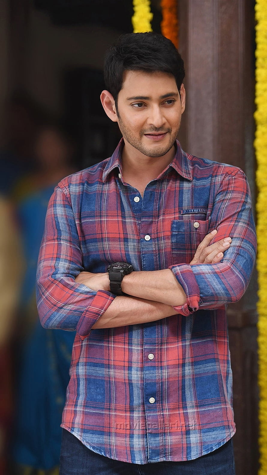 Mahesh Babu in a red and blue plaid shirt with arms crossed HD phone wallpaper