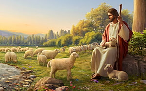 Jesus Christ as the Good Shepherd Sitting with Lambs in a Peaceful Pastoral Landscape HD wallpaper