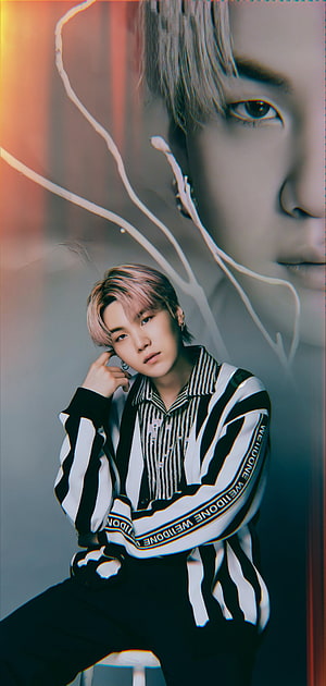 Suga BTS Portrait in Black and White Striped Jacket with Pink Hair HD phone wallpaper