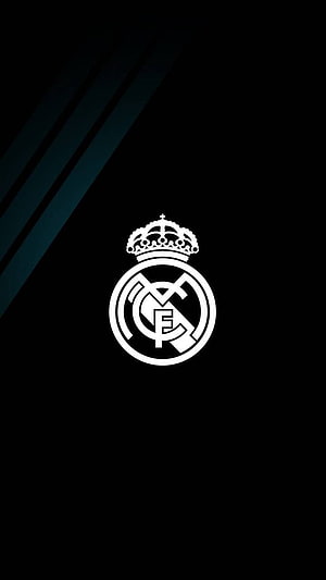 Real Madrid Club Crest on Minimalist Black Background with Diagonal Accent Lines HD phone wallpaper