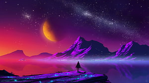 Vaporwave Landscape with Glowing Mountains, Alien Moon, and Starry Night Sky HD wallpaper