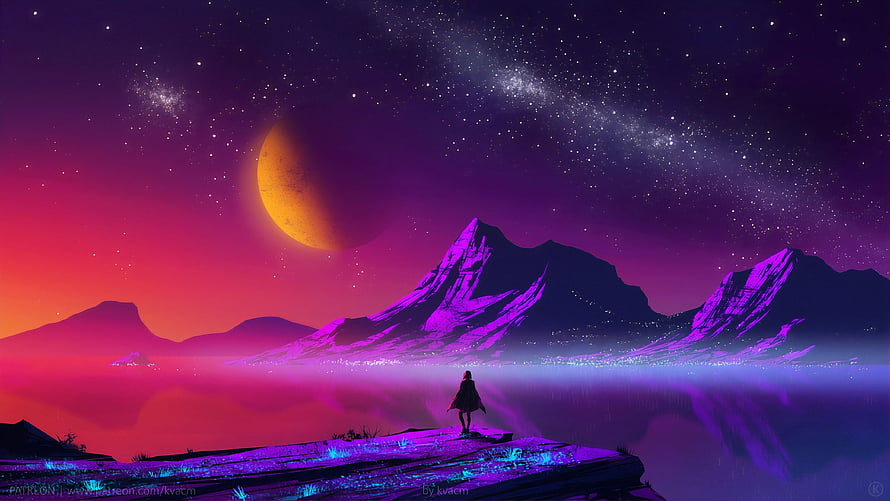 Vaporwave Landscape with Glowing Mountains, Alien Moon, and Starry Night Sky HD wallpaper